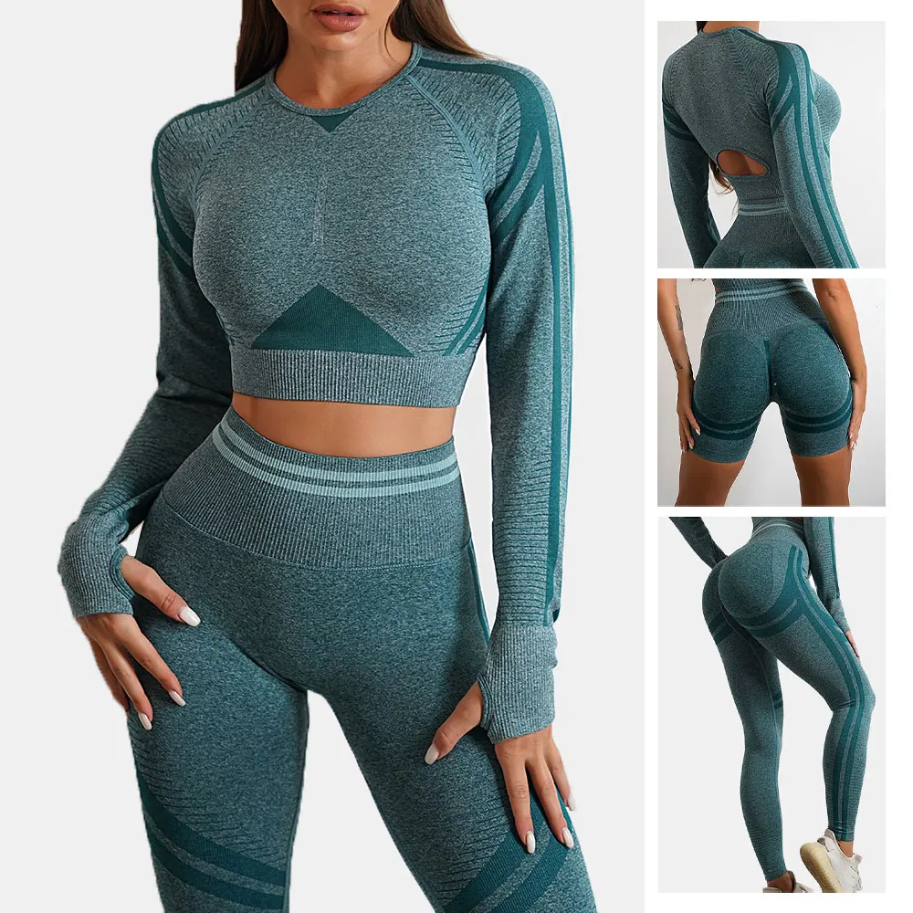 Women's Tracksuit Seamless Yoga Set Sports Suit for Fitness Long Sleeve Crop Top Gym Clothing Women Workout Sportswear Two Piece