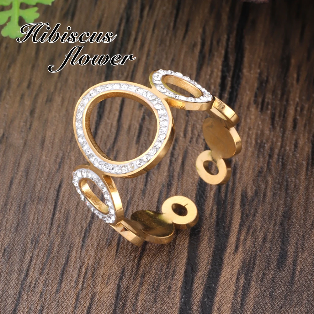 

Hibiscus Flower Elliptic Rhinestone Rings Statement Stainless Steel Ring Luxury Quality Jewelry Adjustable Rings for Women