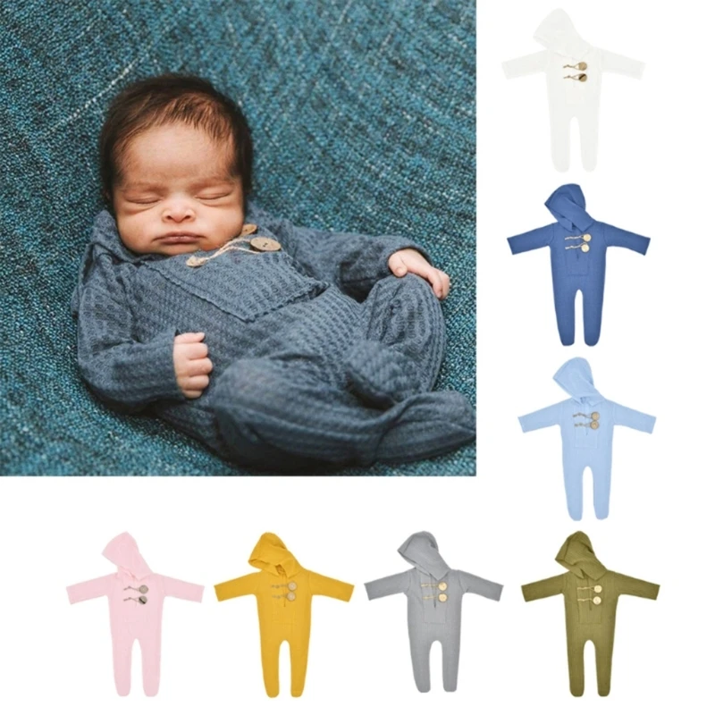 

Newborn Photography Props Boys Girls Outfits Knitted Romper with Hood Footed Romper Bodysuit Photoshoot Costume Set A2UB