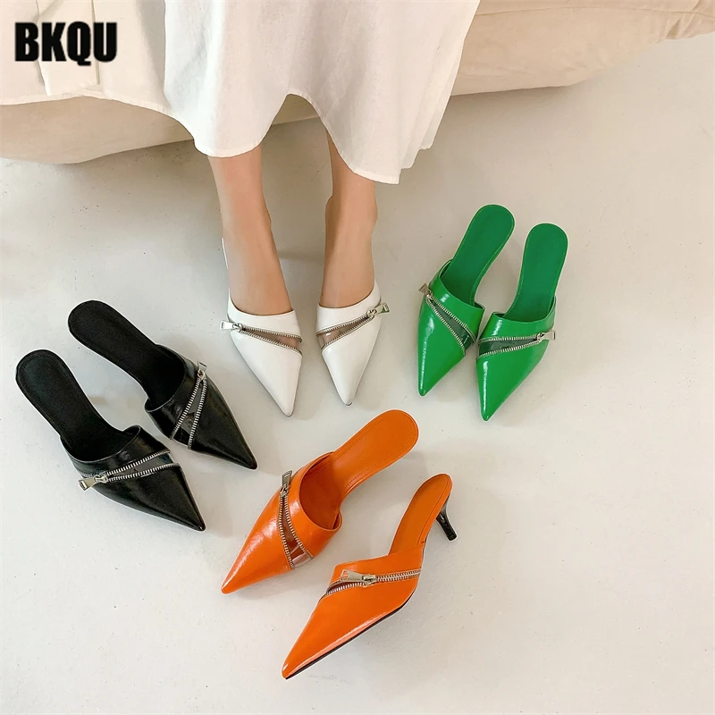 

2022 New Summer Design Women Mule Zipper Pointed Toe Thin High Heels Ladies Sexy Slipper Pumps Stelitto Female Dress Slide Shoes