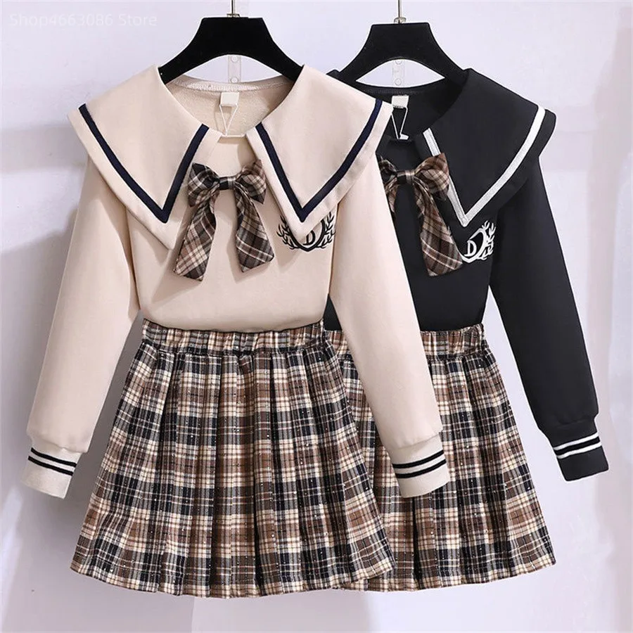 

Sets for Girls School Uniform Twinset Children Costume Kids Suit Preppy tops Skirt Clothes for Teenagers 6 8 9 10 12 14 Years