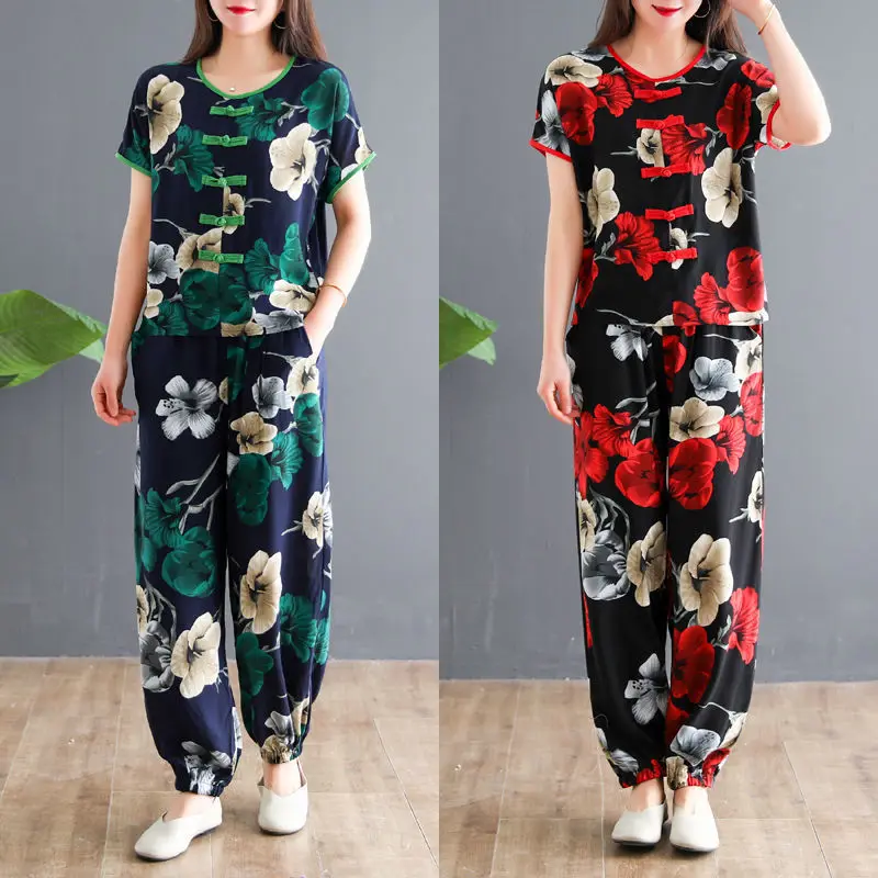 

Женский летний комплект из двух предметов, футболка с коротким рукавом и брюки для женщин среднего и пожилого возраста, повседневный костюм...