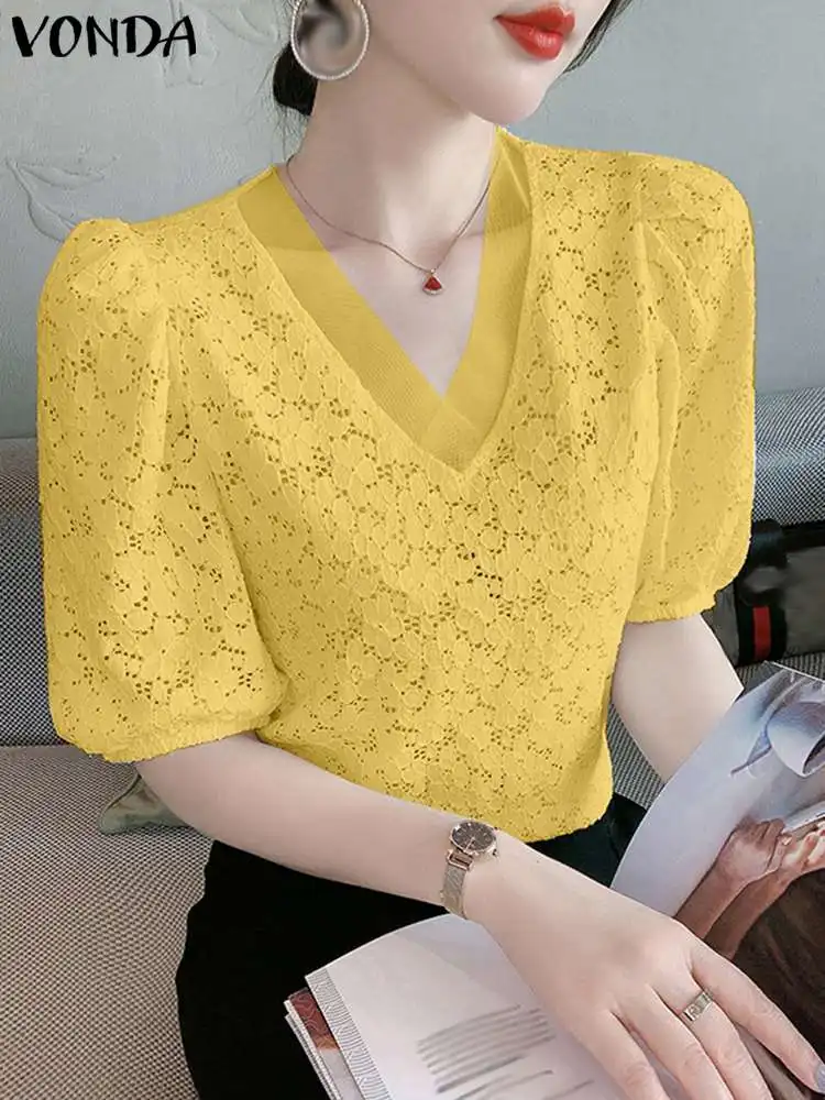 

VONDA Women Summer Elegant V-Neck Blouses 2023 Casual Lace Tops Fashion Short Puff Sleeve Solid Color Shirts Loose Blusas