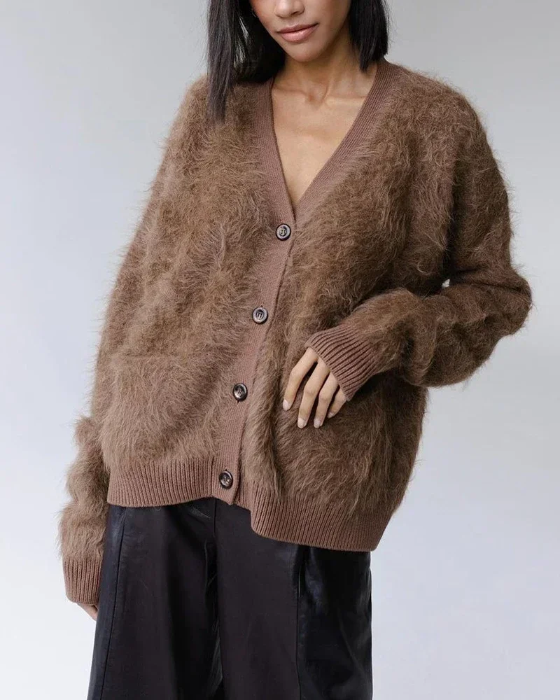 Кардиган женский с длинным рукавом и V-образным вырезом на пуговицах