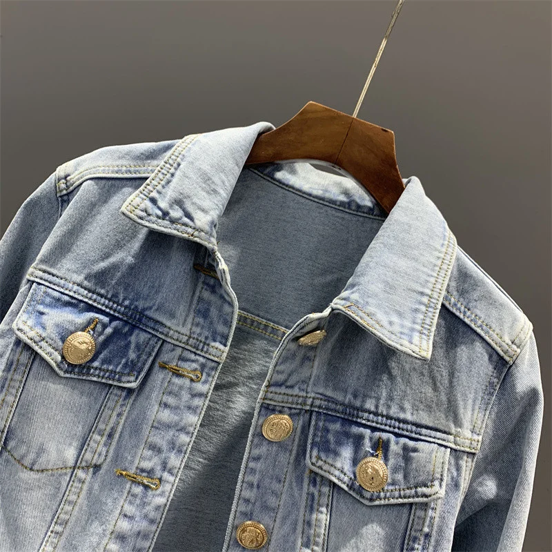 Весенне-осенняя винтажная синяя тонкая короткая джинсовая куртка женская
