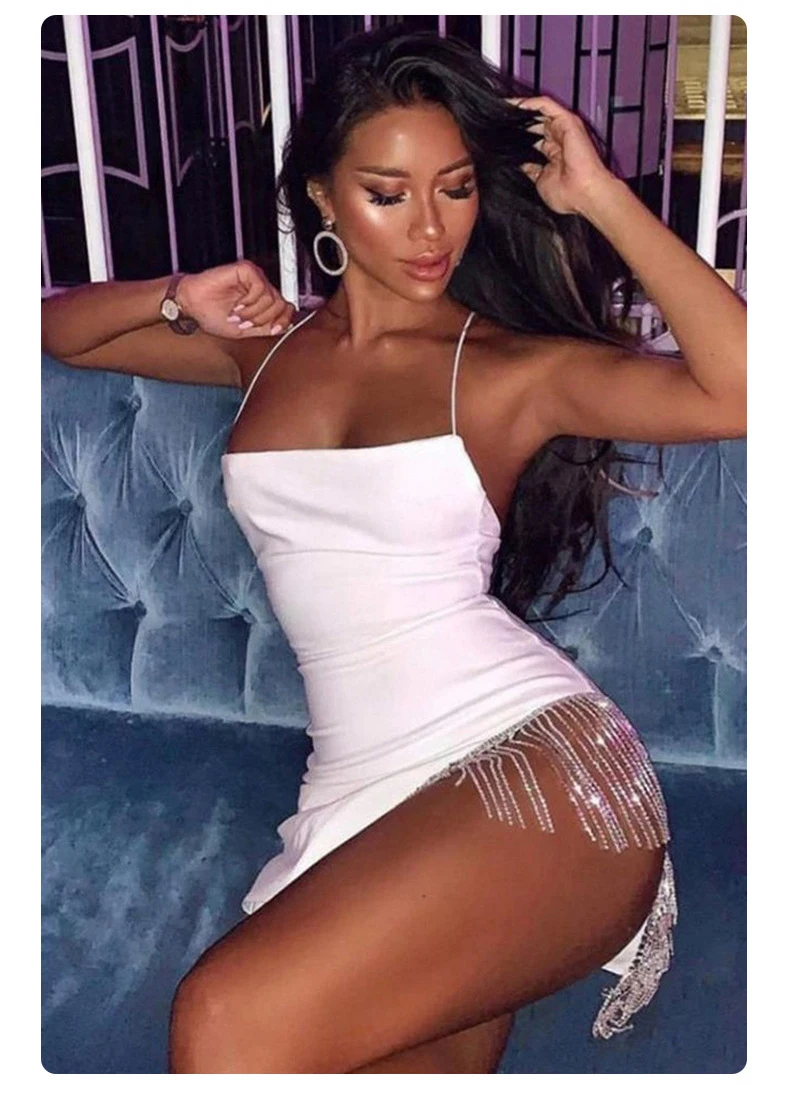 

Women Fashion Spaghetti Strap Rhinestone Tassels Mini Dress Slip Dress Women Sexy Slim Fit Bodycon Party Backless Short Dress
