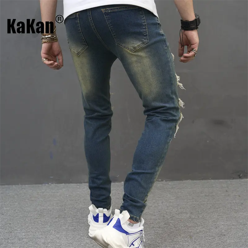 Kakan - New European and American Distressed and Worn Patch Jeans for Men, Slim Fitting Stretch Trendy Long Jeans K013-629