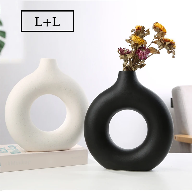

[ 2 PCS ] Nordic Vase Circular Hollow Ceramic Donuts Flower Pot Home Living Room Decoration Interior Office Desktop Decor Gift