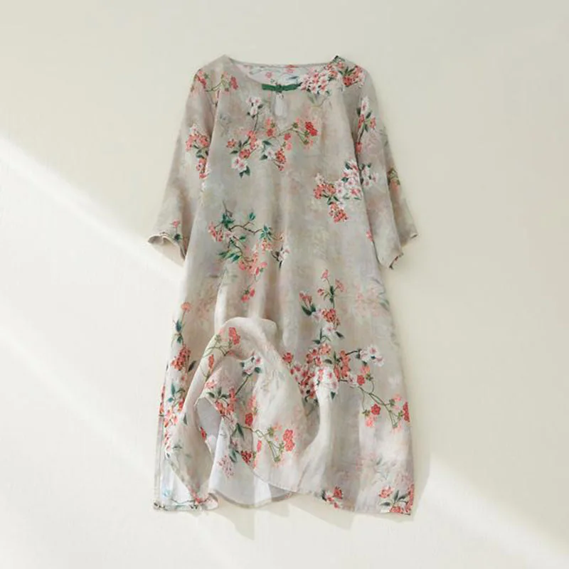 

Woofin Cheongsam New Ramie Print Dress Slit Round Neck Mid-Length Button Top