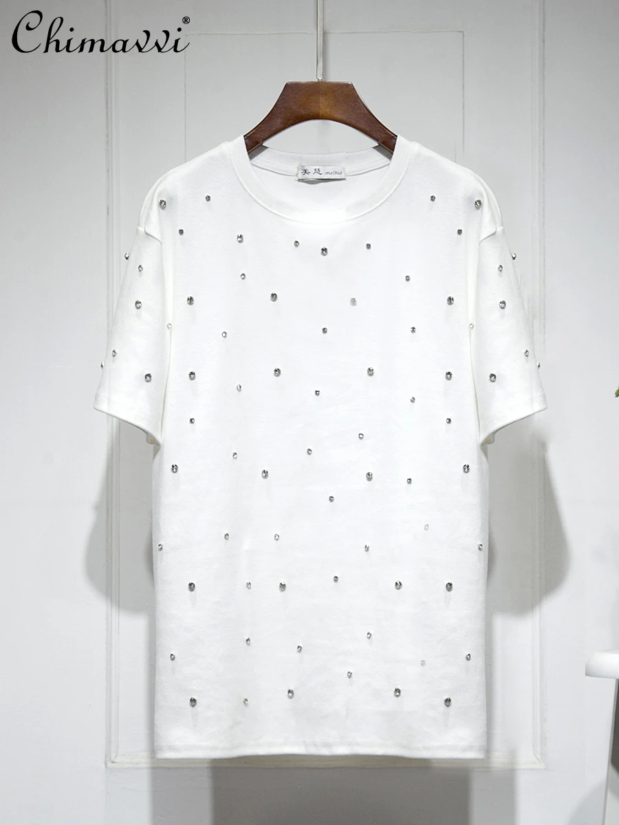 

Women's Korean-Style Light Diamond Short-Sleeved T-shirt 2022 Spring Clothes Fashion Simple Solid Color Pullover Underwear Top
