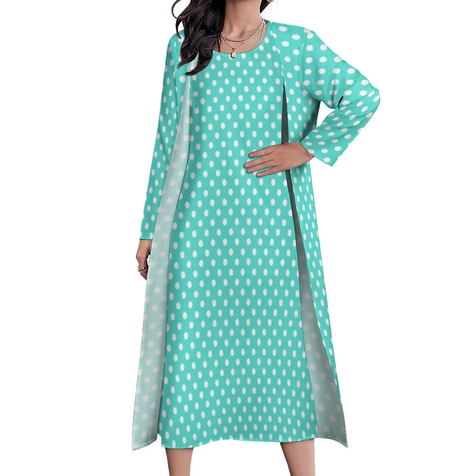 

Teal Blue Polka Dot Dress Long Sleeve Retro Turquoise Trendy Korean Fashion Casual Long Dresses Night Club Maxi Dress Gift Idea