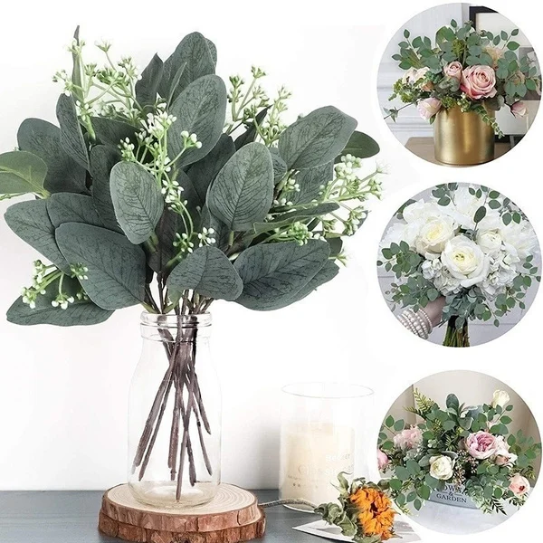 

5pcs Artificial Plants Green Eucalyptus Leaves DIY Bridal Bouquet Fake Flowers For Home Garden Party Wedding Flower Decorations