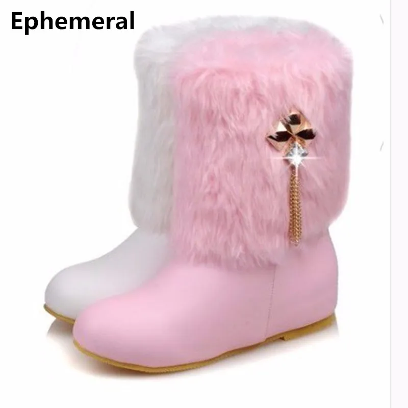 

Ladies Fur Fashion Winter Snow Big Size 34-46 Crystal Boots Round Toe American Style High Increasing Med Heel Booty Women Shoes