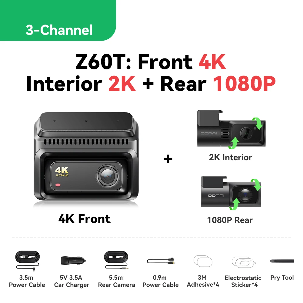 

Видеорегистратор DDPAI Z60T с 3-канальной записью HDR 4K+2K+1080P (фронтальная, задняя, салонная камеры), ночным видением, круглосуточным мониторингом парковки и ADAS.
