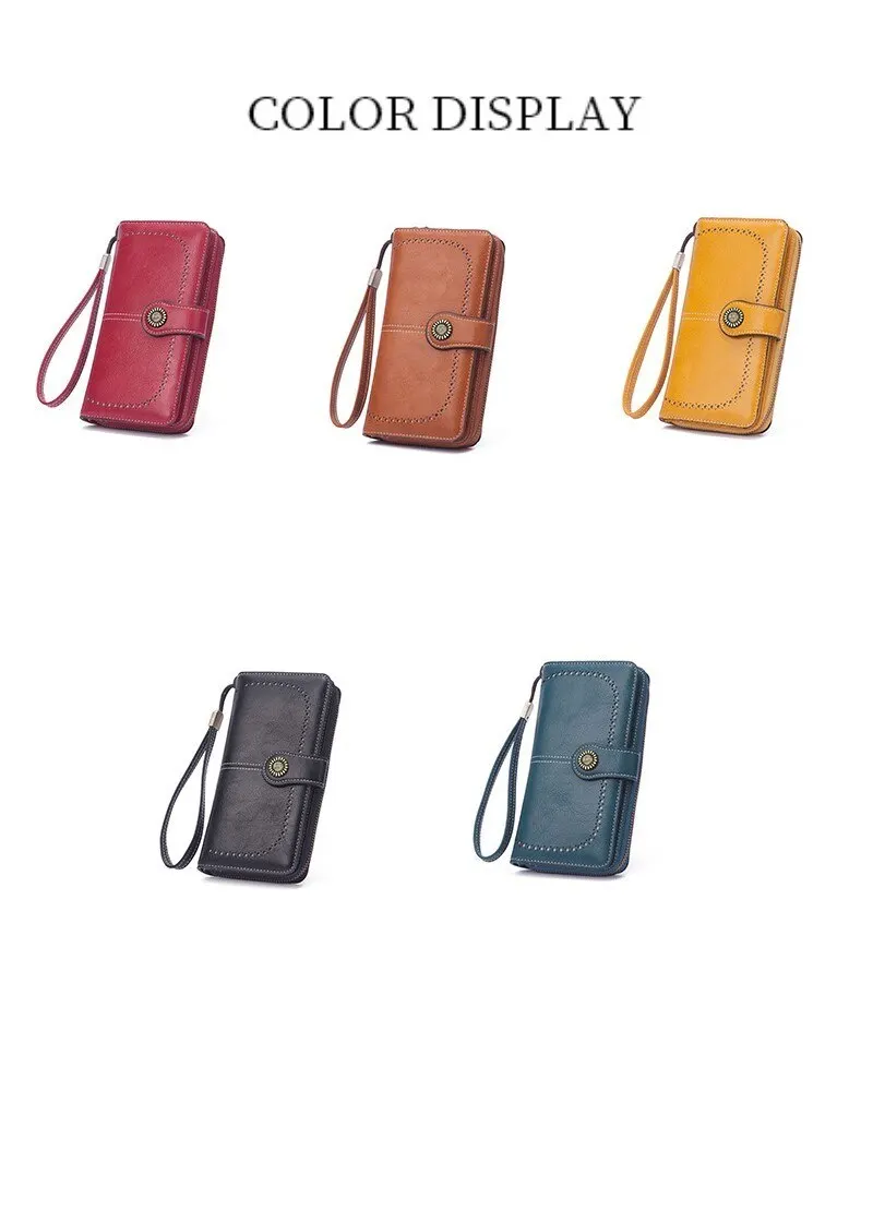 2023 Woman's Long Purse New Vintage Oil Wax Leather Hollow Wallet Large Capacity Mobile Phone Bag Female Wallet