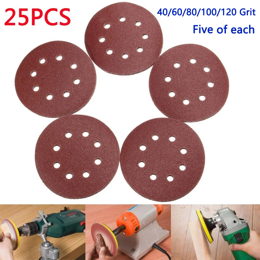 

25Pcs 5Inch 8Hole Sandpaper 40/60/80/100/120 Grit Hook Loop Sanding Discs For Grinding Polishing Wood Abrasives Tools