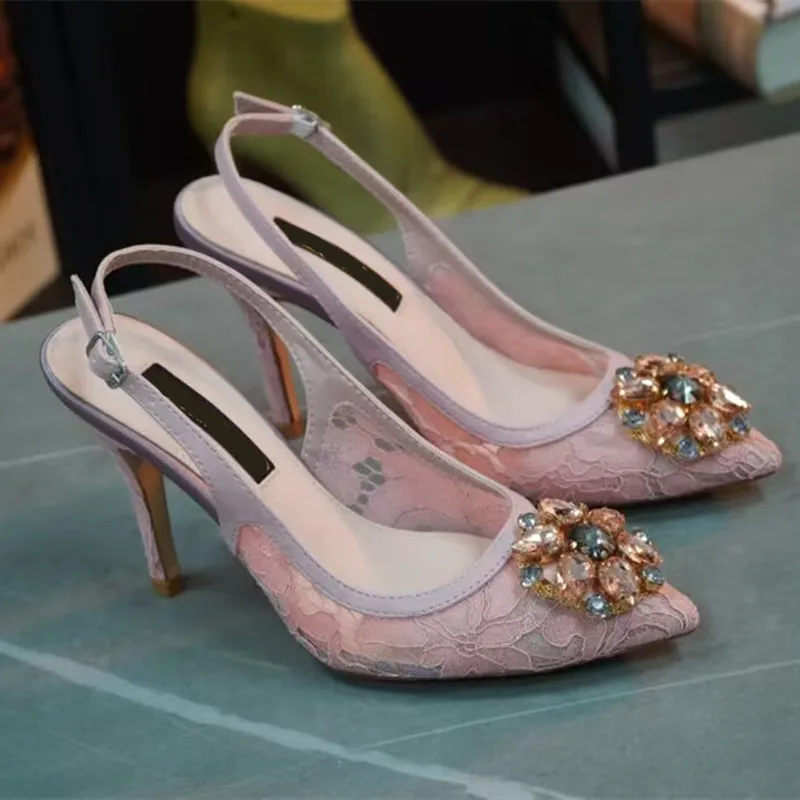 Women's sandals 2023 spring and summer new style rhinestone crystal fashion banquet high heel lace wrapped muller shoes