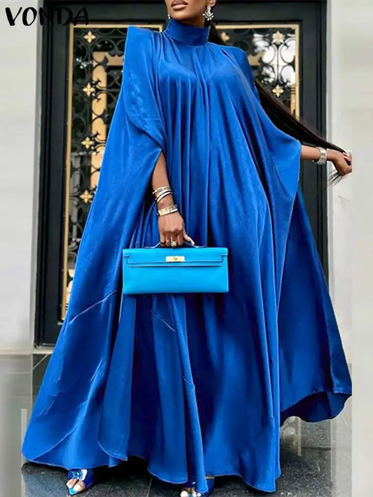 VONDA 5XL Plus Size Women Dress Stand Collar Elegant Satin Dress 2023 Long Bat Sleeve Evening Pleated Maxi Sundress Casual Robe