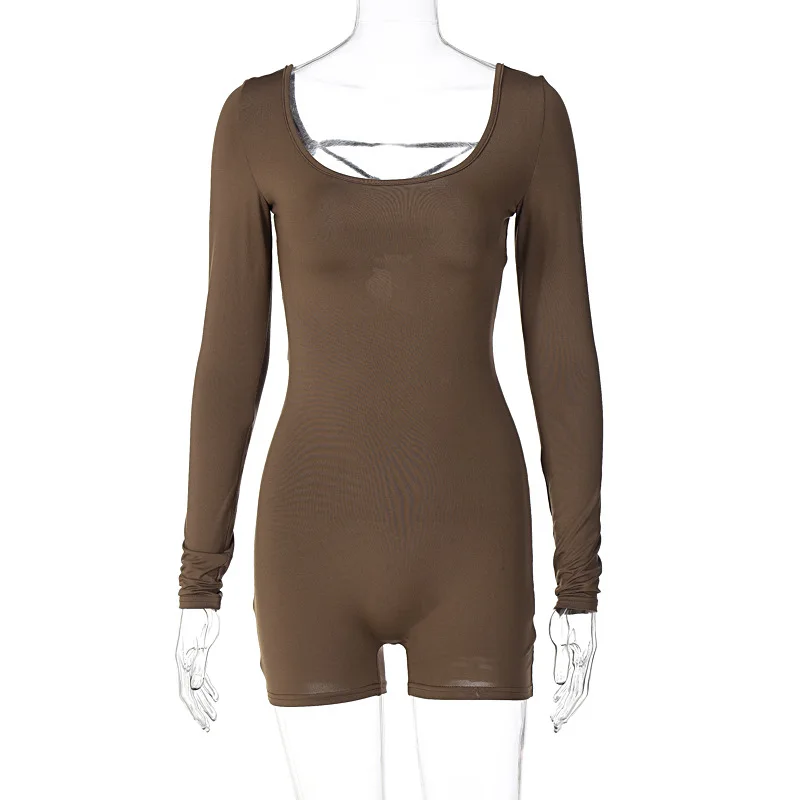 European and American Women's 2023 Summer New Long Sleeve U-Neck Lace Up Open Back High Waist Hip Lift Sports Yoga Jumpsuit