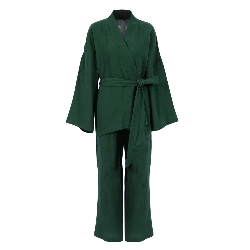 

100% Cotton Women's Nightgown Robe Pajama Sets Flare Nightgown Trouser Suits Drop Sleeves Set Woman 2 Pieces Bathrobe For Women