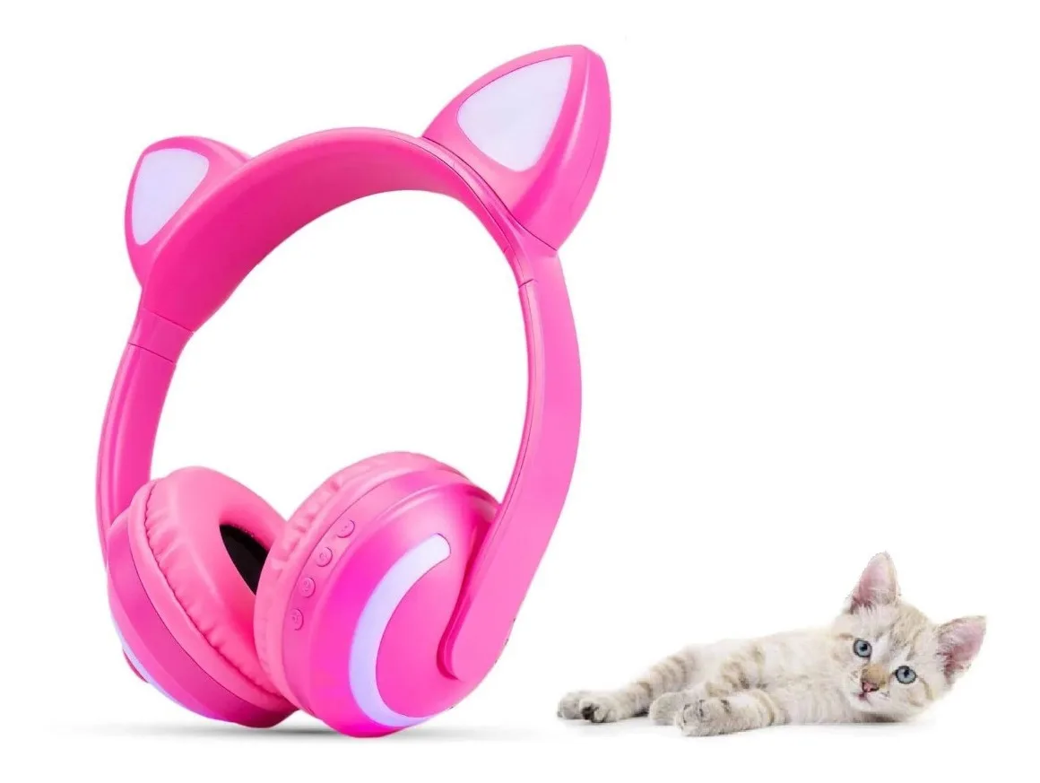 

Fone De Ouvido Bluetooth Orelha De Gato Com Led Celular P2 Cor Rosa
