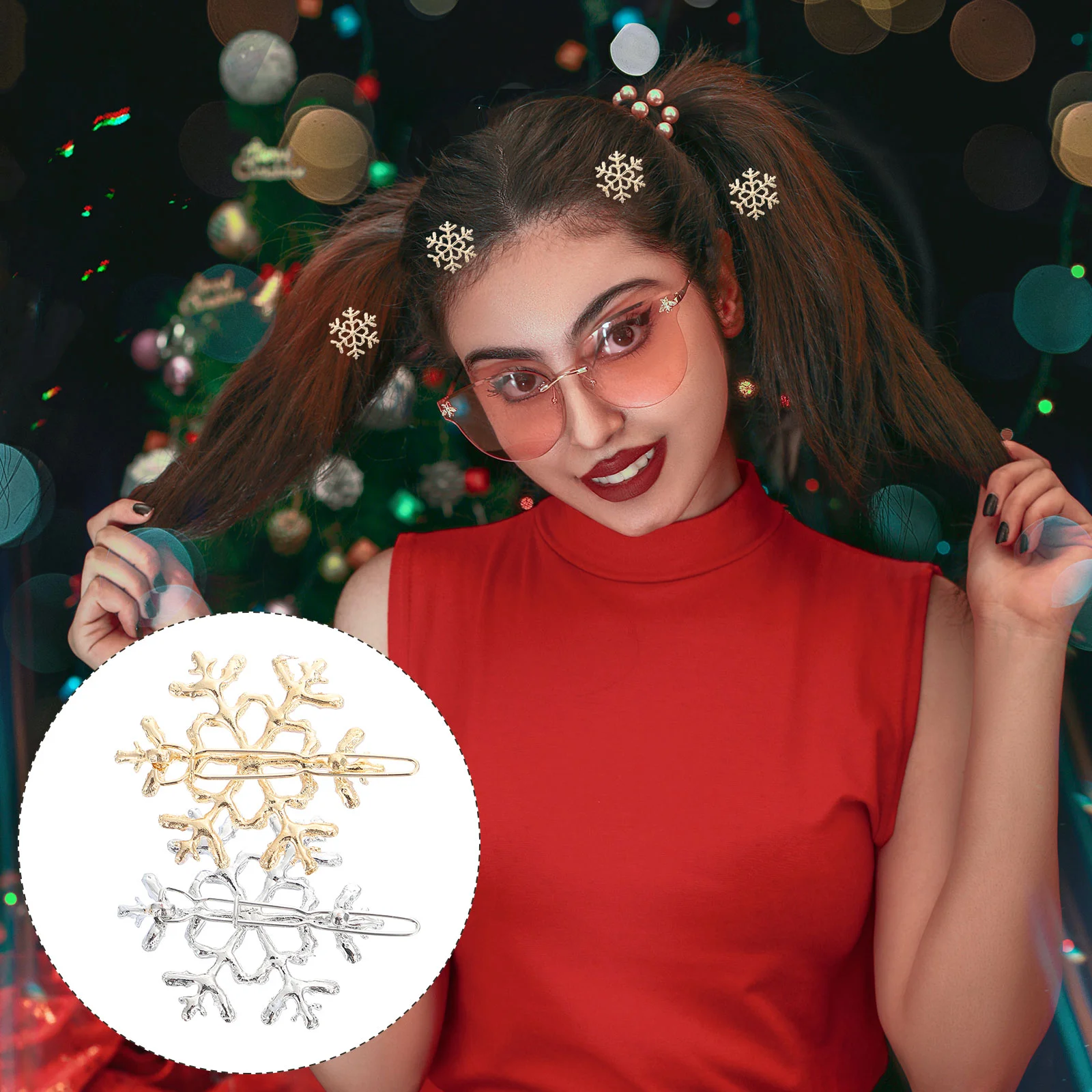 

8 Pcs Gold Metallic Spray Snowflake Hairpin Christmas Lovely Crystal Alloy Miss