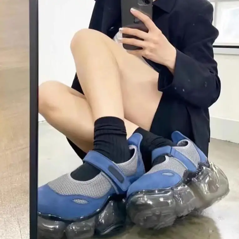 2023 Women Bubble Damping Thick Sole Round Toe Hook&Loop Flats Sneakers Ladies Mesh High Platform Mixed Color Dad's Casual Shoes