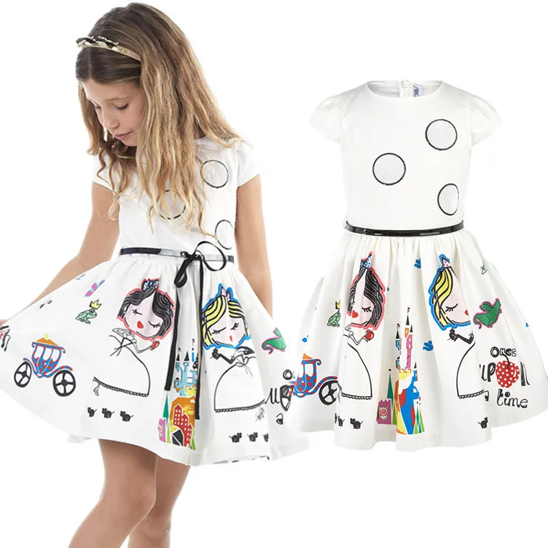 

Disney Summer Girls Dress New Cute Cartoon Pattern Kids Dresses for Girl 2 3 4 5 6 7 Year Children White Princess Party Clothing