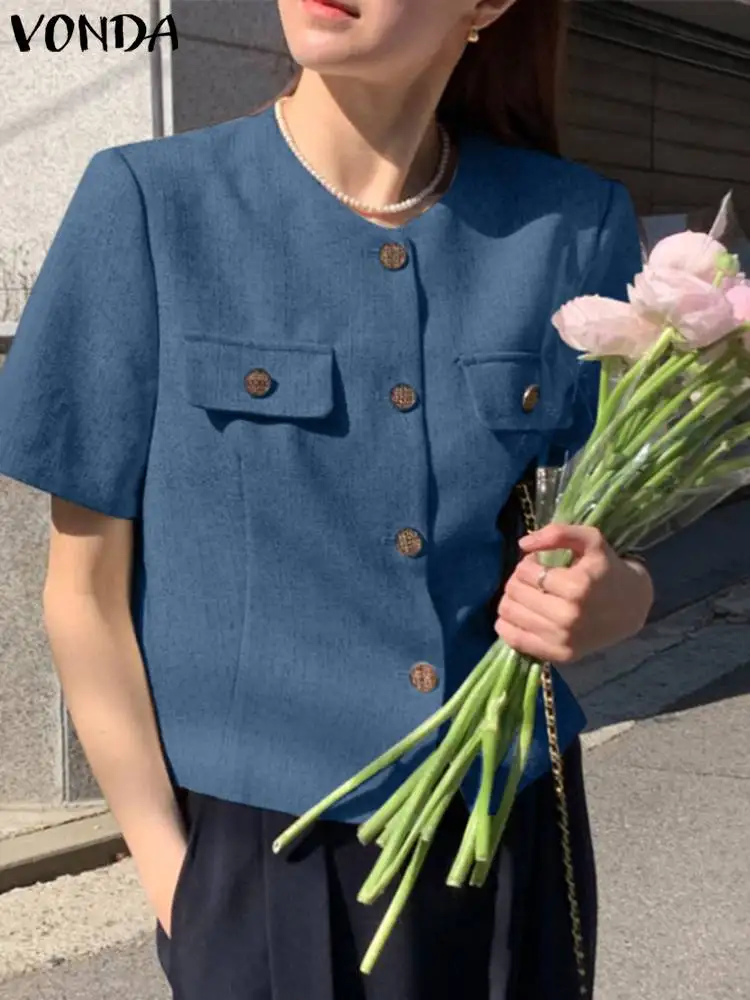 

Модный женский Блейзер VONDA 2023, однотонные летние топы на пуговицах с коротким рукавом, повседневные свободные пальто с круглым вырезом, элегантные офисные Блузы