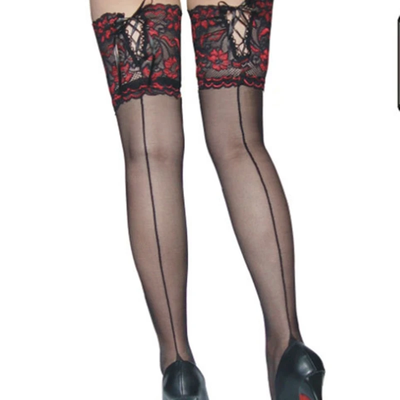 

Женские привлекательные кружевные чулки до колен, женские длинные чулки до бедра, черные, красные цветочные сексуальные женские чулки
