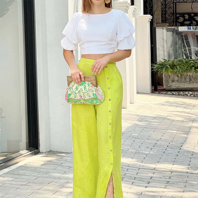 

Two Piece Sets Womens Outifits 2022 Summer New Casual Solid Color Round Neck Short Sleeve Crop Top & Loose Wide Leg Pants Set