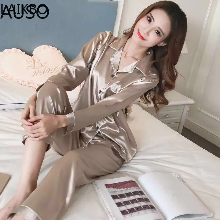 

Women's Rayon Silk Pajamas Sexy Stripe Sleepwear Set Women Pajama Set 2Piece/Suit Top Long Sleeve Belt Shirt Pant Big Homewear