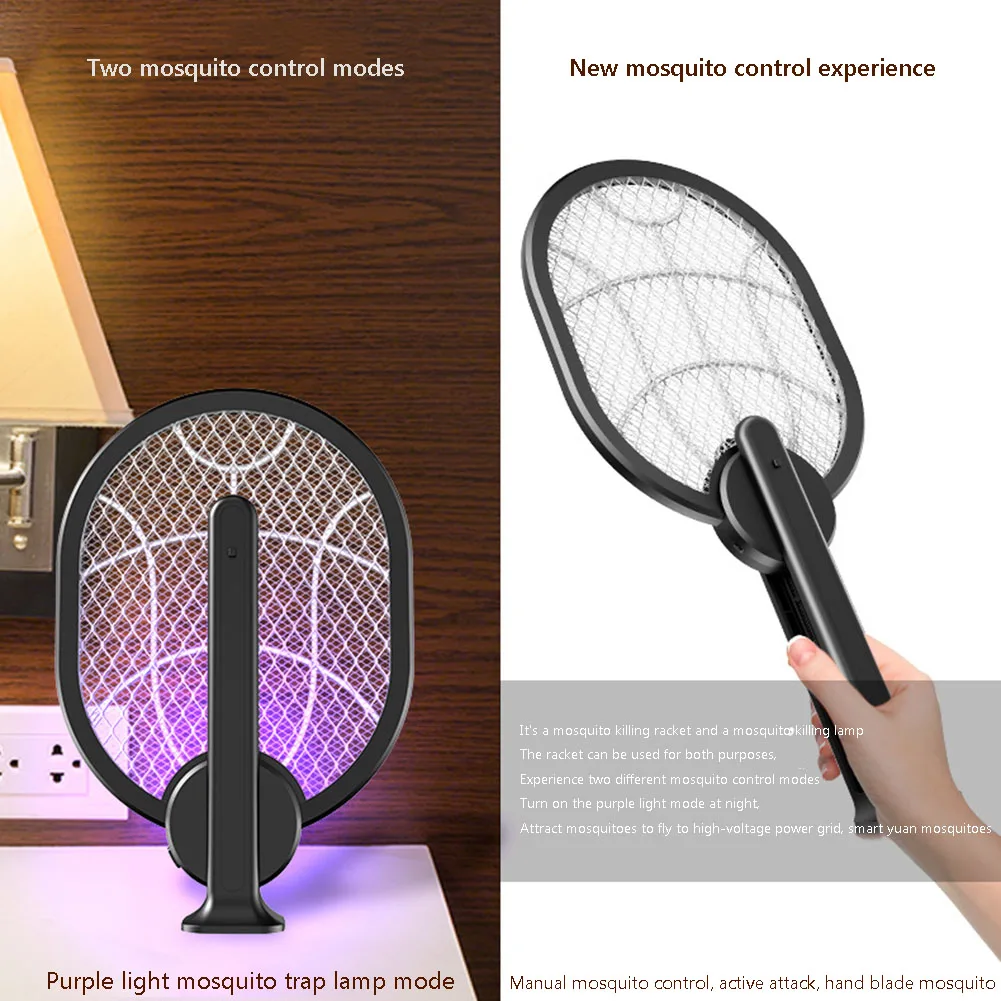 

3000V Electric Flies Swatter 2 in 1 USB Rechargeable Mosquito Trap Racket Anti Insect Bug Zapper Killer with Attractant Light