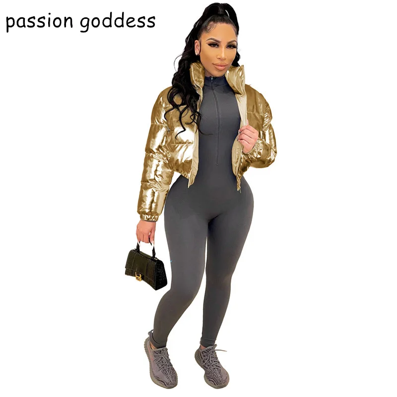 New 2022 Fashion Streetwear Winter Women Padded Crop Jackets Parkas Stand Collar Zipper Bright Puffer Jacket Warm Coats Ladies