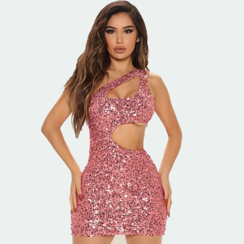 Women Sexy Sequin Mini Dress One Shoulder Sleeveless Fashion Hollow Out Party Club Dress Bodycon Homecoming Cocktail Dresses