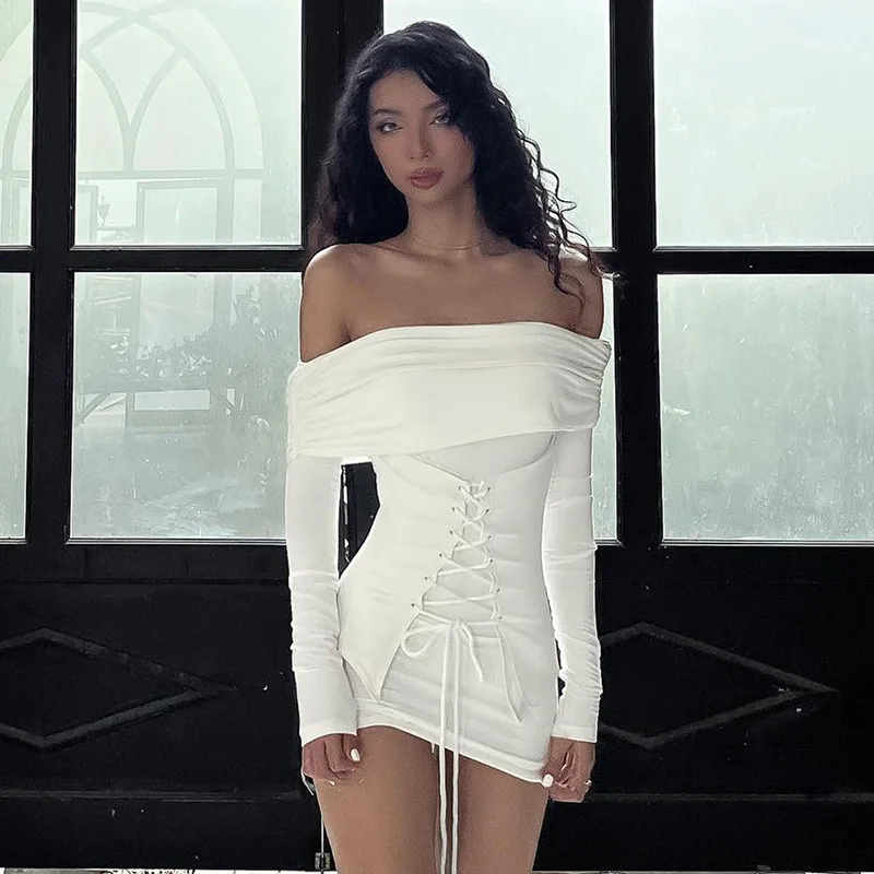 

Slash Neck Off Shoulder Long Sleevel Mini Bodycon Dress Women Sexy Elegant Tie Up Short Dresses Party Club Outfits Vestidos