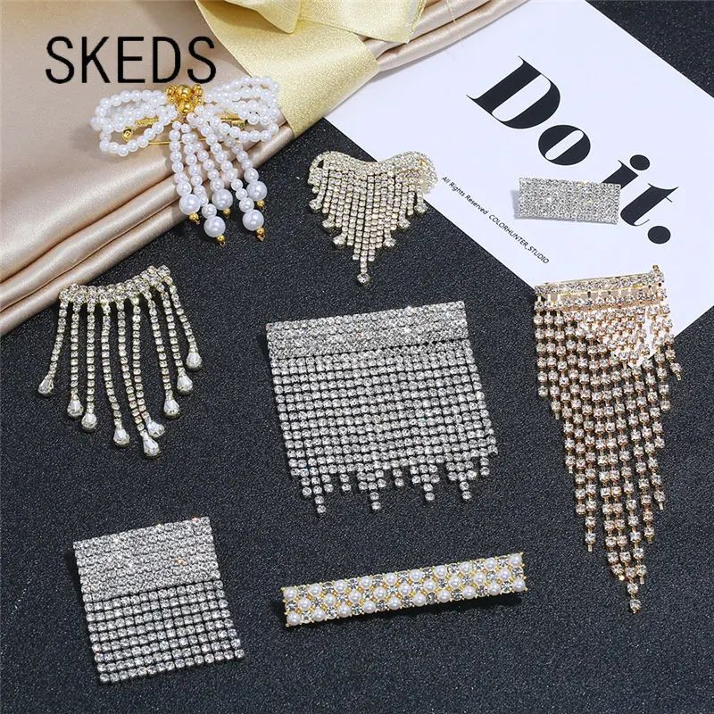 Модная женская роскошная брошь SKEDS с кисточками и стразами, булавка с жемчугом, высококачественные блестящие бутиковые хрустальные значки, Корсажная бижутерия для женщин