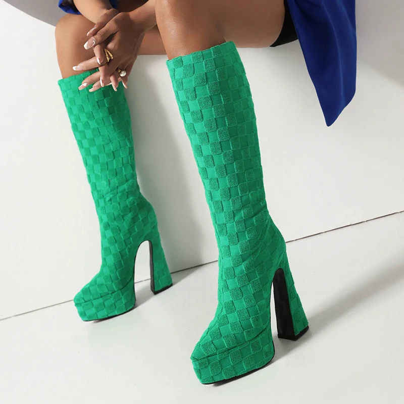 

Fretwork Bump Gingham Super High Profiled Cutout Heel Flock Knee Boots Pointed Toe Super High Platform Sexy Catwalk Women's Boot