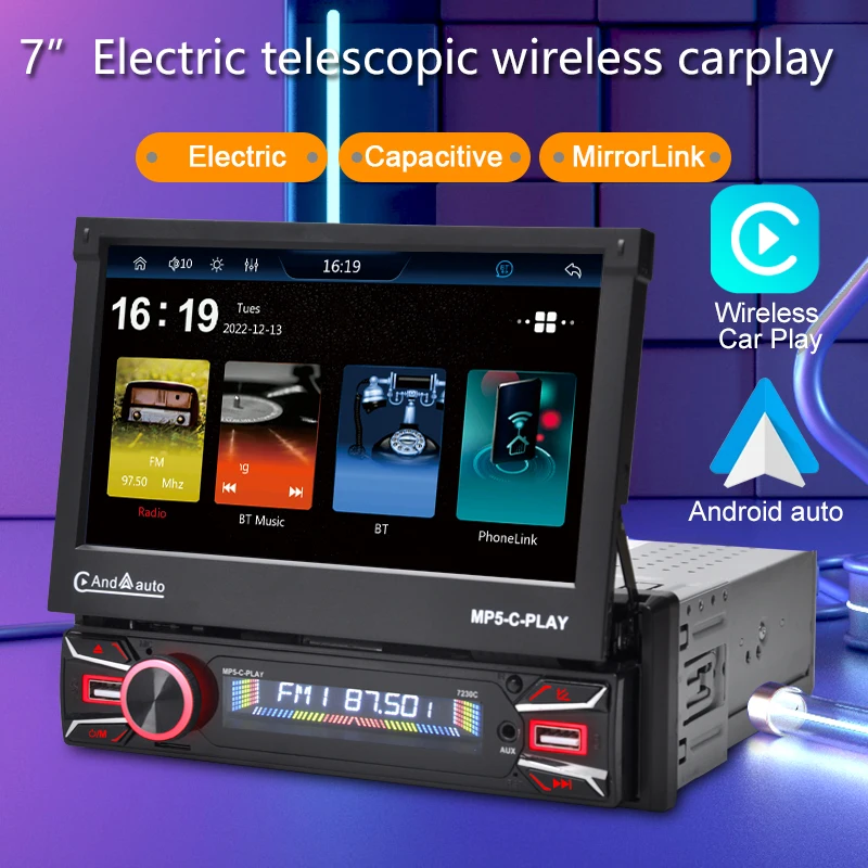 

7 Inch 1DIN Car MP5 Retractable CarPlay Android Auto HD 1080P Screen Mirror Link USB Bluetooth Universal Multimedia Radio