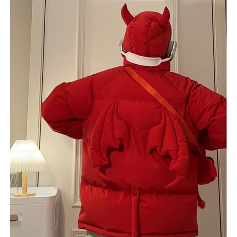 Emo Winter Men Streetwear Harajuku Korean Jackets Parkas Zipper Jacket Devil Horn Hoodie Warm Ladies Down Coats Alt Clothes
