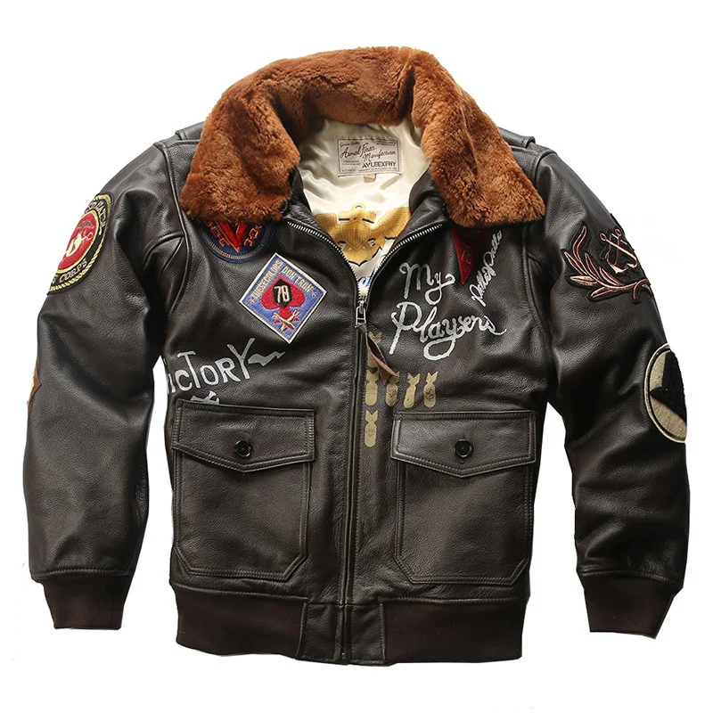 

Air DHL free shipping Men's Force G1 Pilot Warm Fur Collar Leather Genuine Cow Coat Cowhide Bomber Jacket