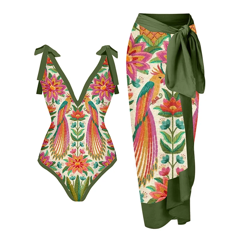 

Vintage V-Neck Animal Print One-Piece Swimsuit Set