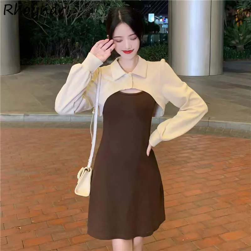 

Women Sets Korean Fashion 2 Pieces Cropped Sweatshirts A-line Dress Temper Preppy Elegant Autumn Streetwear Ulzzang Popular Chic