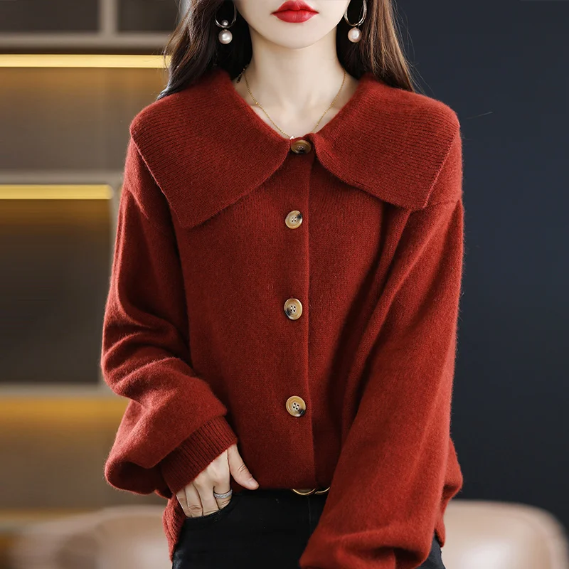 

Женский кардиган с отложным воротником, повседневный свободный свитер из 100% мериносовой шерсти, корейский стиль, большие размеры, Осень-зима