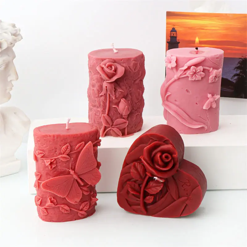 

Silicone Heart Rose Candle Mold Butterfly Flower Relief Cylinder Abstract Plaster Candle Mould Soap Resin Making Tool Decor Gift
