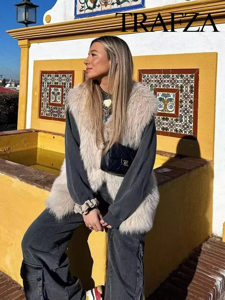 

TRAFZA Fashion Winter Sleeveless Vests Coats Furry Outerwear Ladies Long Cold Faux Fur Faux Fur Warm Vest Casual Women Coats