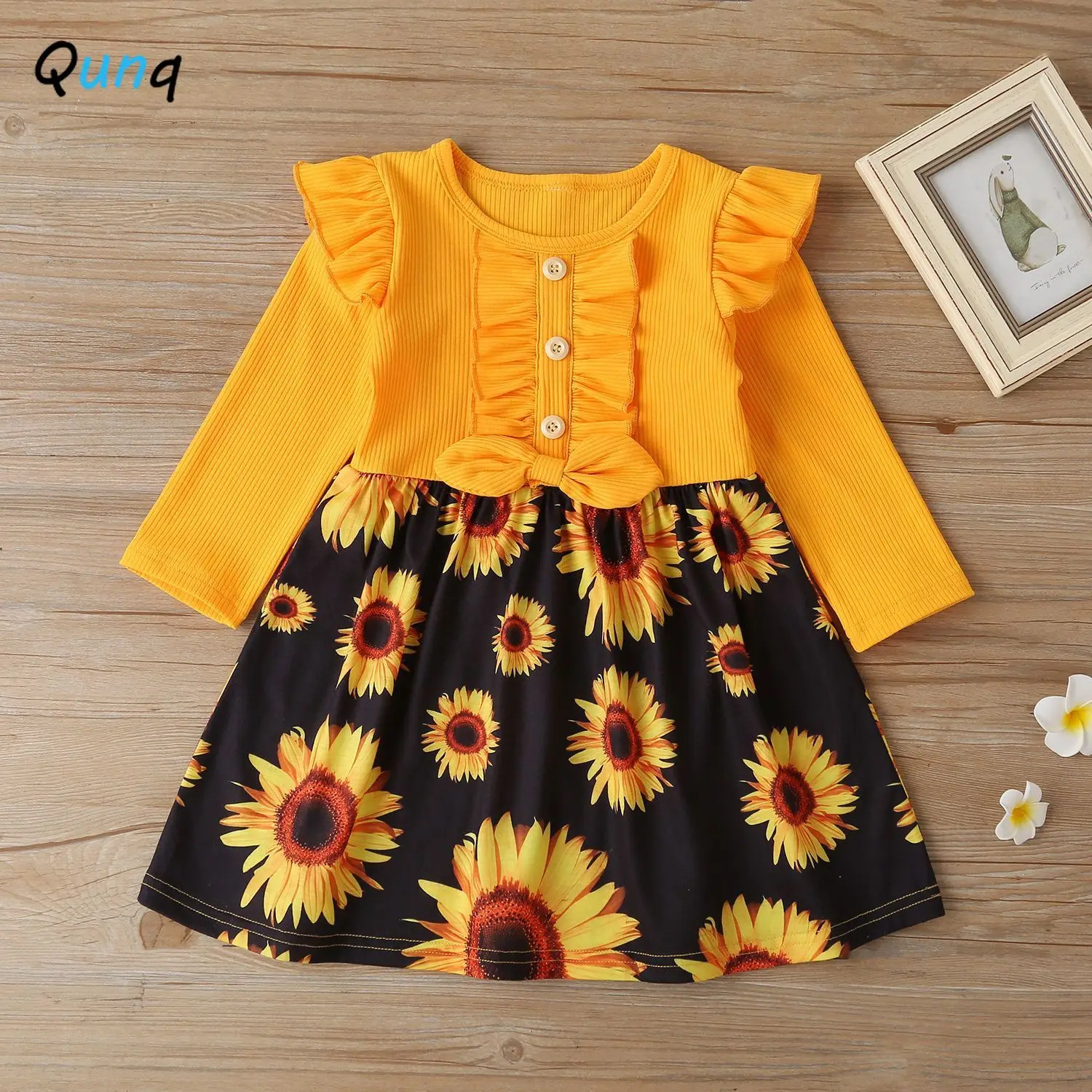 

Qunq 2022 New Spring Fall Sunflower Floral Print Dress Children Princess Dresses Fasion lovely Long Sleeve Flower Girl Dresses