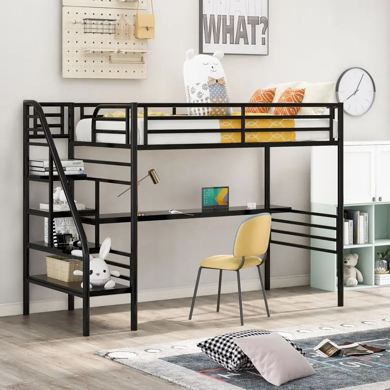 

Twin Size Loft Bed with Desk & Stairways for Child, Black