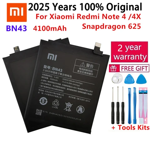 100% оригинальный аккумулятор BN43 4100 мАч для Xiaomi Redmi Note 4X/Note 4 global Snapdragon 625, высококачественные аккумуляторы BN43 Bateria