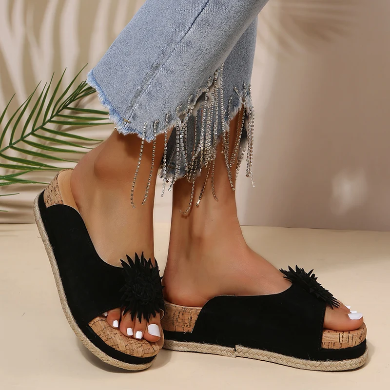 

Wedges Slip-on PU Black Fashion Womens Platform Sandals Shoes for Women Sandalilas Sandles Woman Flat Shoes Summer Casual 2022